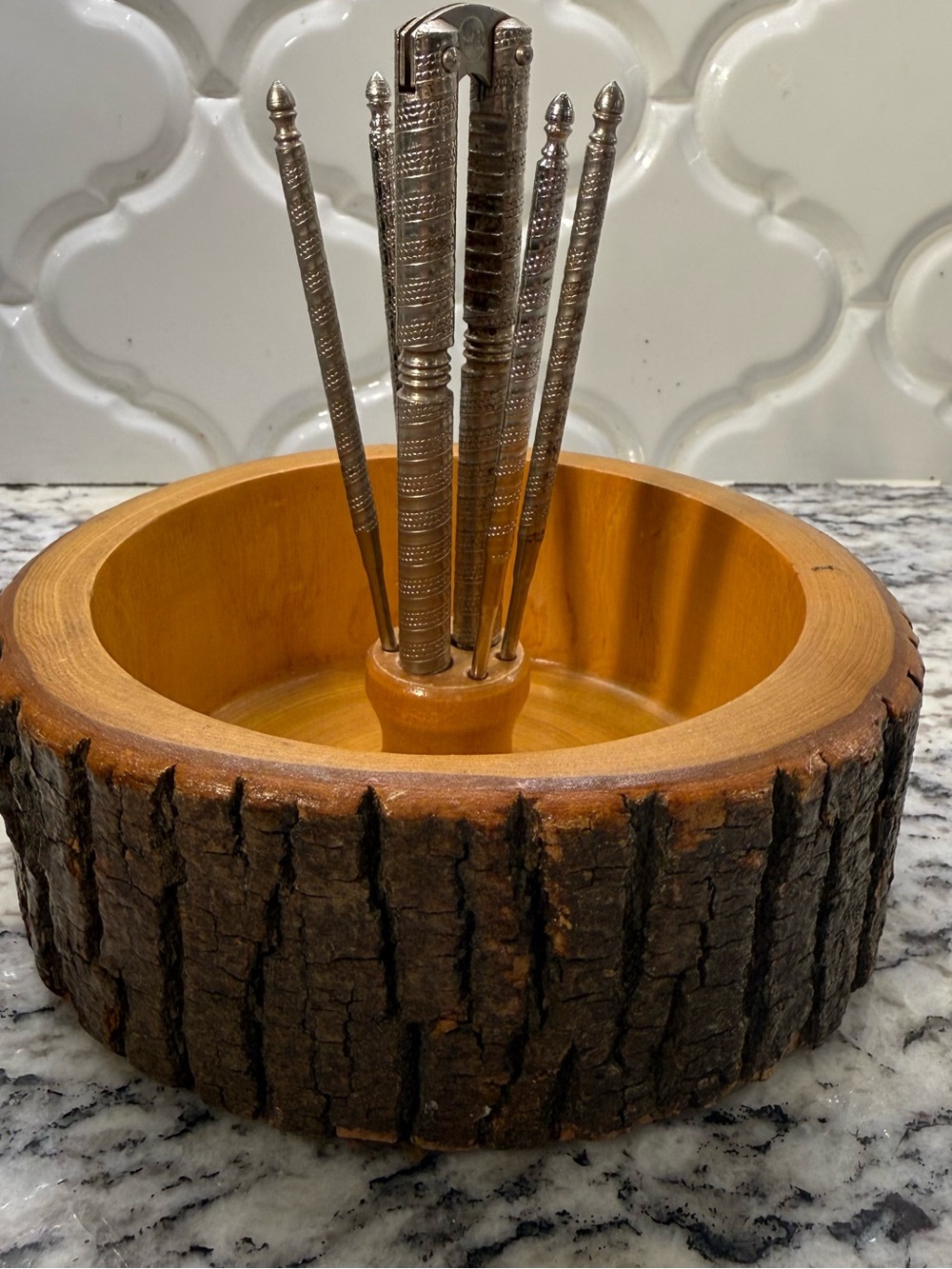 Vintage Mid Century Wooden Nut Bowl Set Nutcracker & Picks Live Edge Bark Rustic